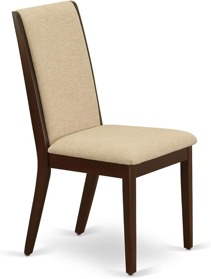 East West Furniture ESLA3-MAH-04 3 Piece Kitchen Table & Chairs Set Contains a Round Dining Room Table with Pedestal and 2 Light Tan Linen Fabric Parsons Chairs, 30x30 Inch, Mahogany