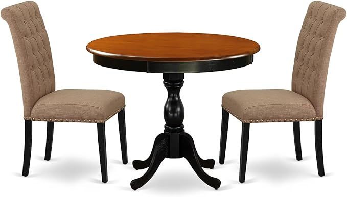East West Furniture AMBR3-BCH-17 3 Piece Dining Table Set Contains a Round Kitchen Table with Pedestal and 2 Light Sable Linen Fabric Upholstered Kitchen Chairs, 36x36 Inch, Black & Cherry