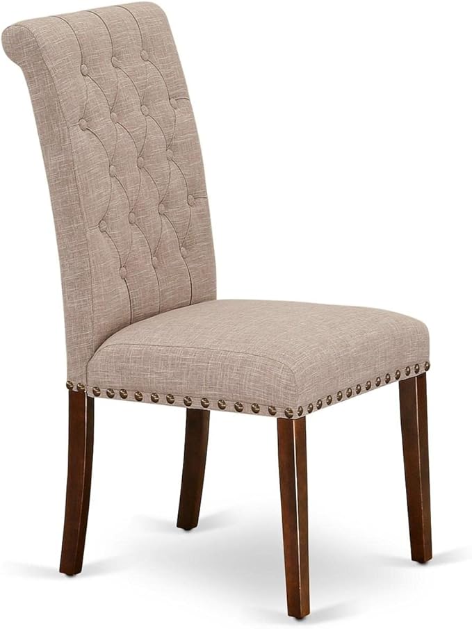 East West Furniture BRP3T04 Bremond Parson Dining Room Chairs - Button Tufted Nailhead Trim Light Tan Linen Fabric Padded Chairs, Set of 2, Mahogany