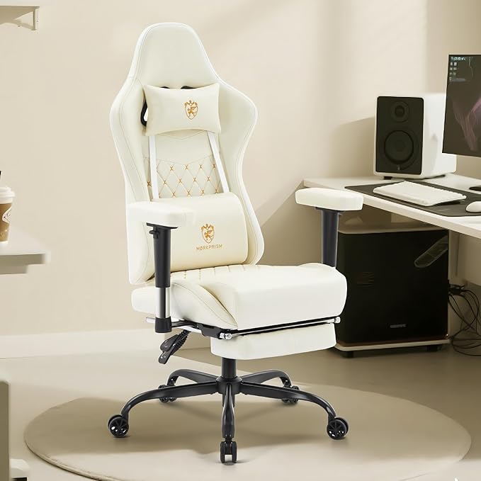 Gaming Chair,Computer Office Chair with Footrest,Massage Lumbar Support and Gel Pad,Ergonomic Reclining Leather Gamer Chair with Headrest,Adjustable Armrests and Spring Cushion Ivory