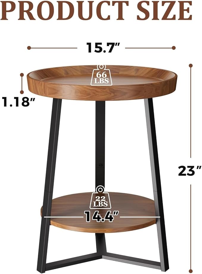 Gadroad Round End Table with Storage Shelf, 2 Tier Farmhouse Side Table Nightstand for Living Room, Bedroom, Wood Tabletop & Black Metal Frame, Brown 15.7 * 15.7 * 23.0inches