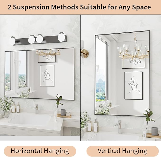 Koonmi Black Rectangle Wall Mirror, 20x30 Inch Bathroom Mirror, Aluminum Frame Vanity Mirror for Entryway, Living Room, Bedroom Bathroom, Hangs Horizontally or Vertically