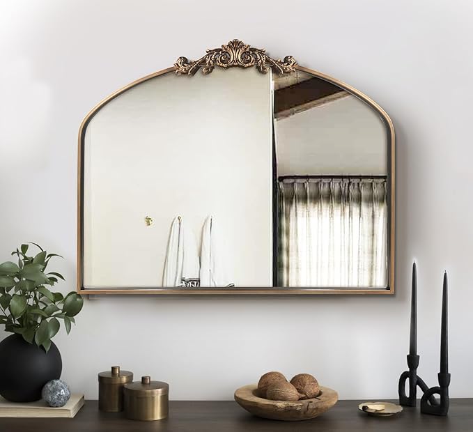 WAMIRRO Antique Mirror,Gold Traditional Vintage Ornate Baroque Arched Brass Wall Mounted Mirrors for Entryway/Fireplace/Living Room/Hallway/Bathroom 36"X30"