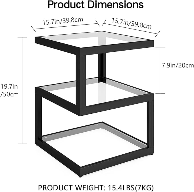 3-Tier Glass Table with LED Strip, Unique S-Shaped Design SideTable, Moderen Black Deco Table for Living Room and Bedside Room