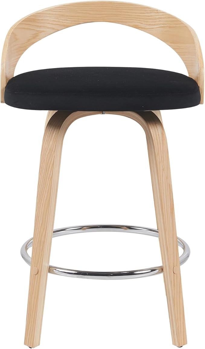 Armen Living Sonia Modern Swivel Counter Height Bar Stool with Black Upholstered Seat and Patterned Oak Wood Finish