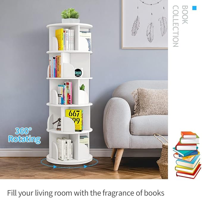 Nisorpa 5 Tier Rotating Bookshelf, 360° Revolving Bookcase Rotating Stackable Shelves Floor-Standing Storage Display Rack Used in Bedrooms Living Rooms Study Office (63"x18"x18")