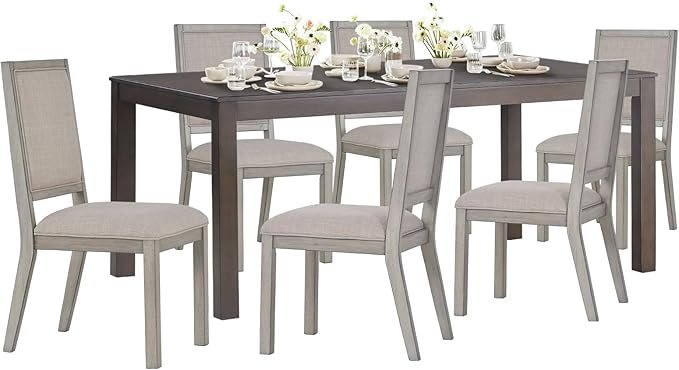 COLAMY Modern Rectangular Dining Table Set, 60" L x 36" W x 30" H, Grey Wood & Fabric, 6 Person Capacity, Requires Assembly