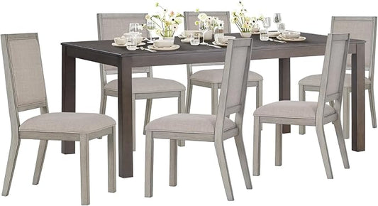 COLAMY Modern Rectangular Dining Table Set, 60" L x 36" W x 30" H, Grey Wood & Fabric, 6 Person Capacity, Requires Assembly