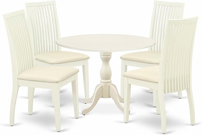 East West Furniture DMIP5-LWH-C 5 Piece Modern Dining Table Set Includes a Round Wooden Table with Dropleaf and 4 Linen Fabric Upholstered Dining Chairs, 42x42 Inch, Linen White