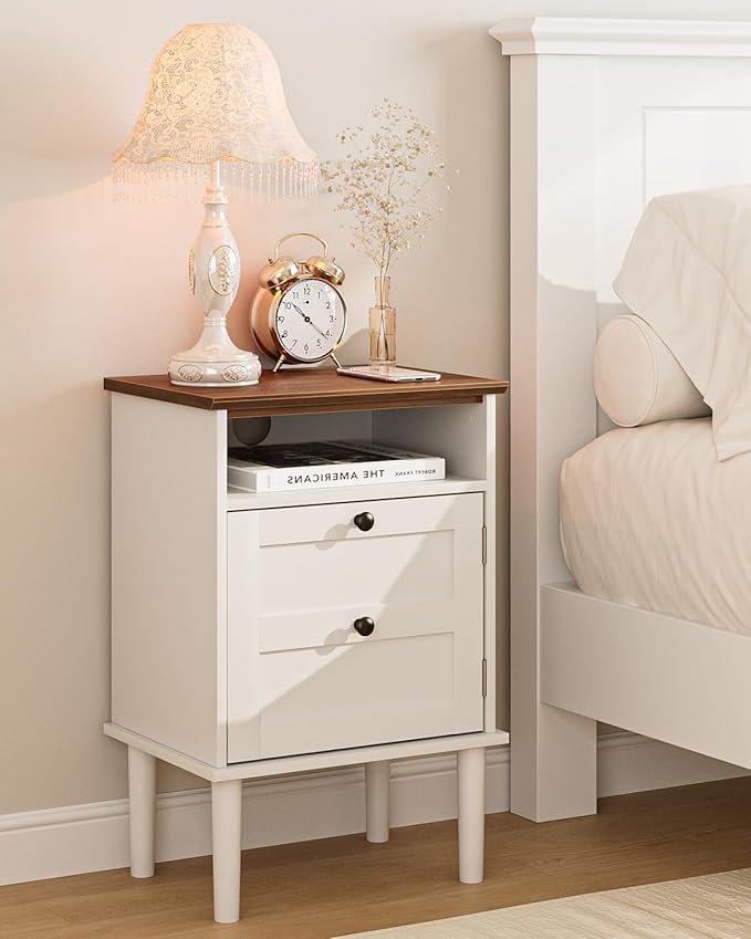 Nightstand, Boho Night Stand with 1 Drawer, Modern Side Accent Table with Open Shelf, Wooden Top Bedside End Table for Bedroom, Living Room, White