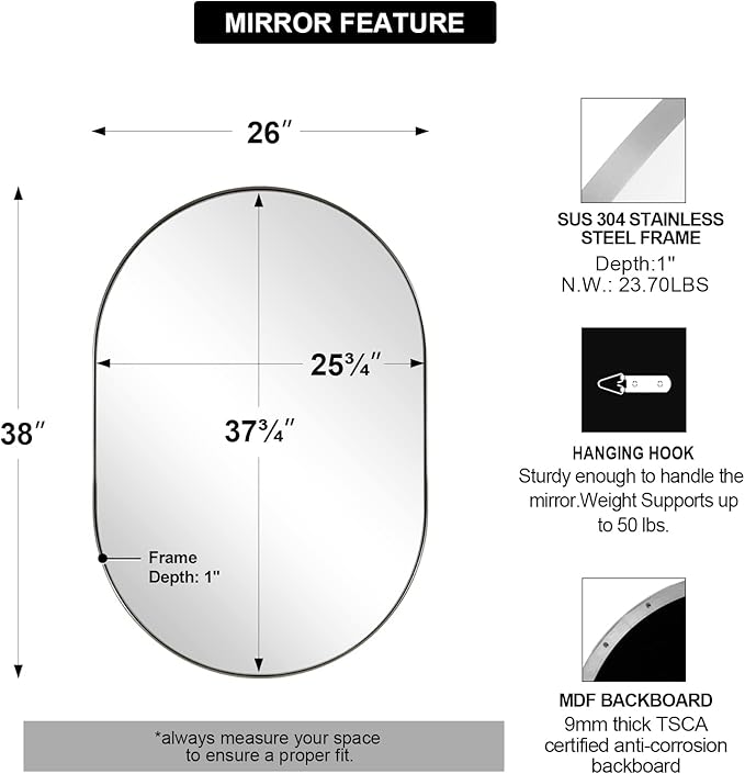 ANDY STAR 26x38’’ Brushed Nickel Oval Bathroom Mirror, Pill-Shaped Nickel Mirror Metal Framed, Stainless Steel Anti-Rust, Wall-Mounted Vertical/Horizontal