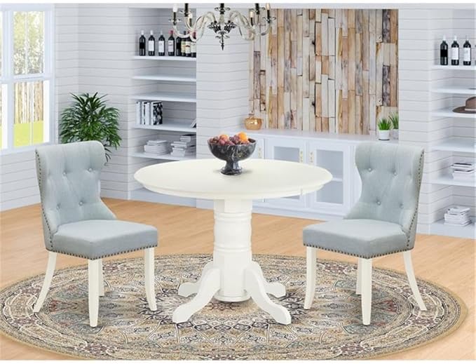 East West Furniture SHSI3-WHI-15 3 Piece Dining Room Table Set Contains a Round Wooden Table with Pedestal and 2 Baby Blue Linen Fabric Upholstered Chairs, 42x42 Inch, Linen White
