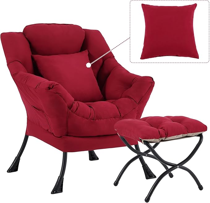 Lazy Chair with Ottoman, Comfy Reading Lounge Chair with Footstool & Throw Pillow Modern with Armrests & Side Pocket for Living Room, Bedroom, Dorm Room, Burgundy