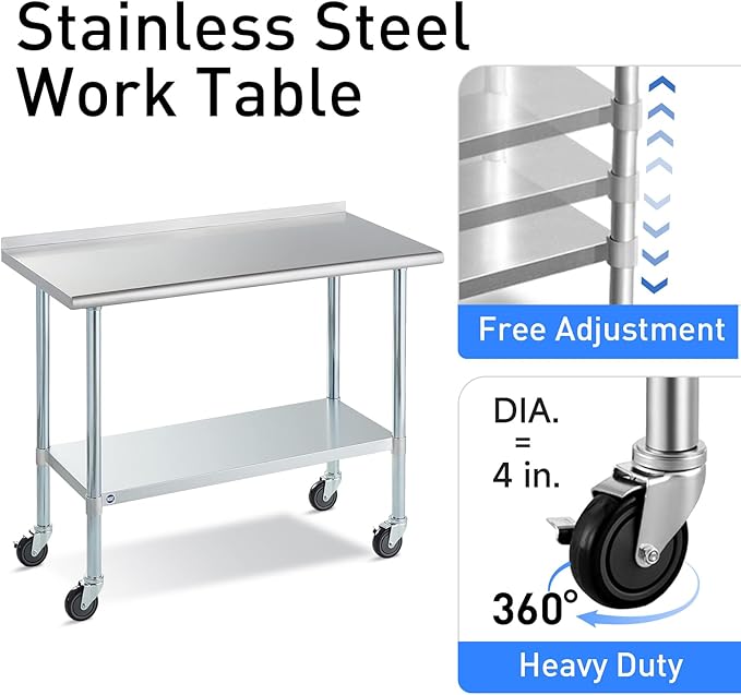 Stainless Steel Table for Prep & Work with Backsplash and Caster 30x48 Inches, NSF Metal Commercial Kitchen Table with Adjustable Under Shelf and Table Foot for Restaurant, Home and Hotel