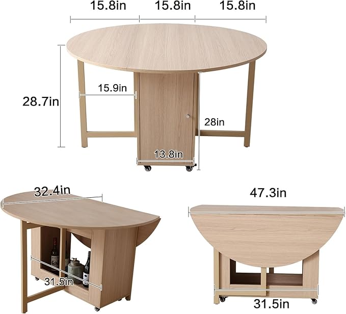 Wood Round Folding Dining Table with 4 Chairs, Solid Wood Folding Chair Set of 2, Space Saving Foldable Dining Table with 4 Chairs