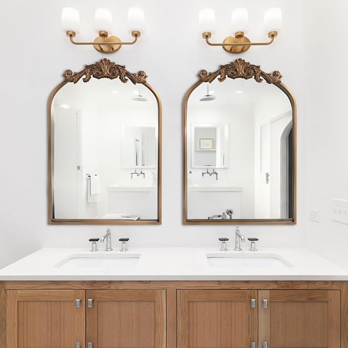 Wall Mirror Window Decorative Traditional Vintage Ornate Baroque Mirrors Antique Arched Farmhouse for Living Room Bedroom Entryway Bathroom Vanity (27 * 19 * 1.2, Gold)
