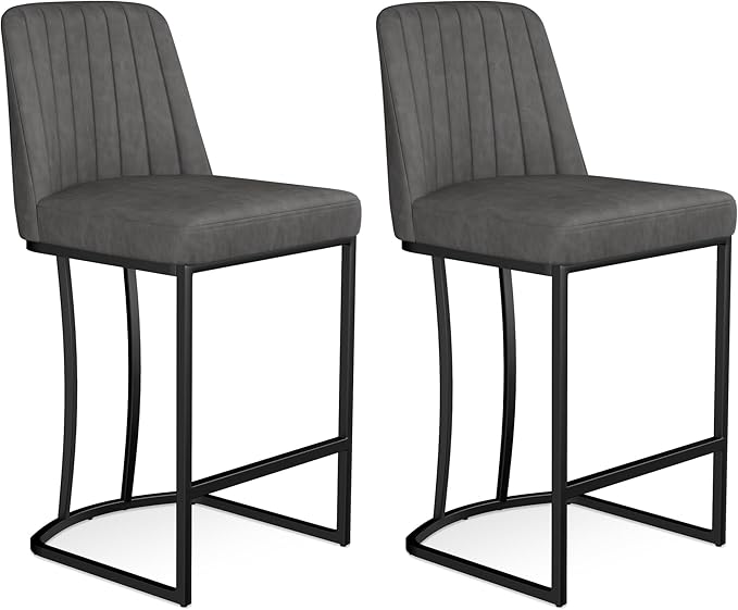 Counter Height Bar Stools Set of 4, Upholstered Leather Barrel Barstools with Back and Metal Legs for Kitchen Island, 27.4" Seat Height, Fabric in Faux Leather, Rustic Grey