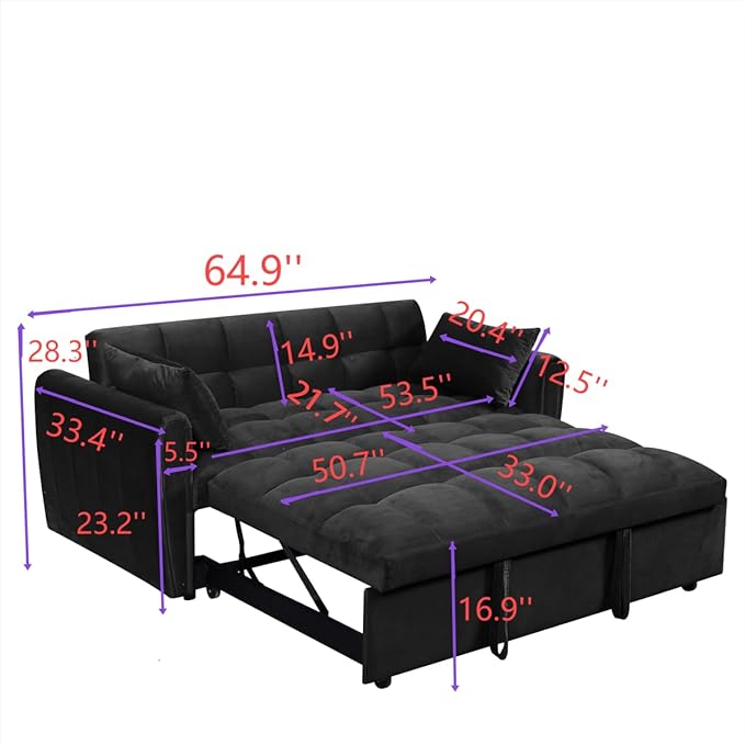 Ball & Cast 65" 3 in 1 Large Sleeper Sofa Bed,Velvet Upholstered Pull Out Couch with Adjustable Backrest&2 Pillows,Convertible Futon Sofa-Bed W/Side Pocket,Loveseat Chaise Lounge for Living Room,Black