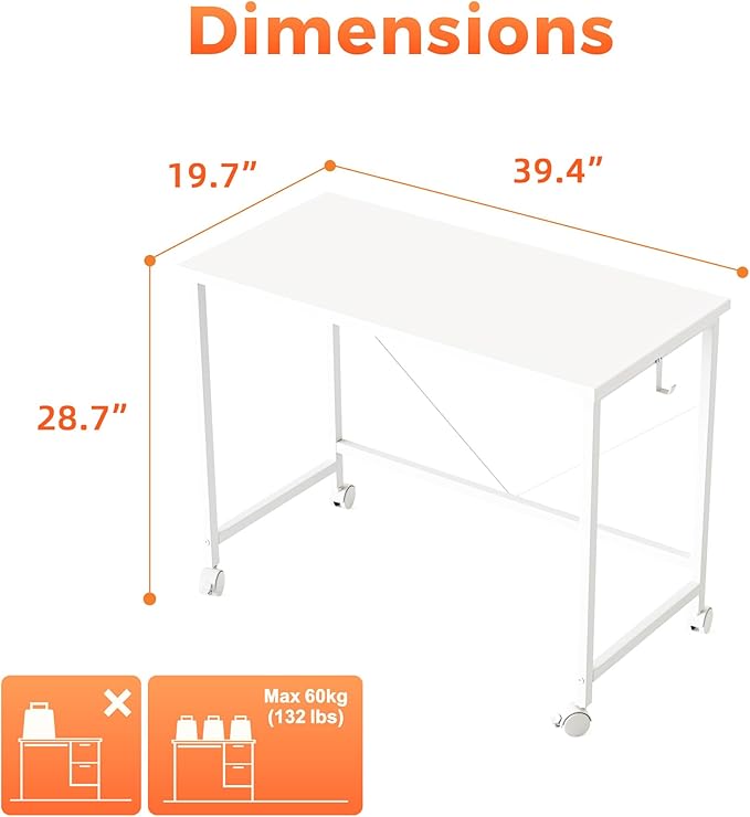 Rolling Computer Desk with Wheels, Gaming Desk for Small Spaces, Modern Simple Style Table for Home Office, Study Writing Table (Caster, White, 40 inch)