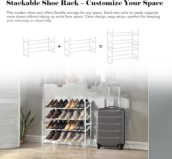 SunnyPoint Expandable & Stackable 2-Tier Shoe Rack – Adjustable Shoe Organizer for Entryway, Closet or Bedroom, Holds 4 to 8 Pairs, Space-Saving Metal Shoe Storage Shelf (17.5"–31.49" W) (WHT, 2 Tier)