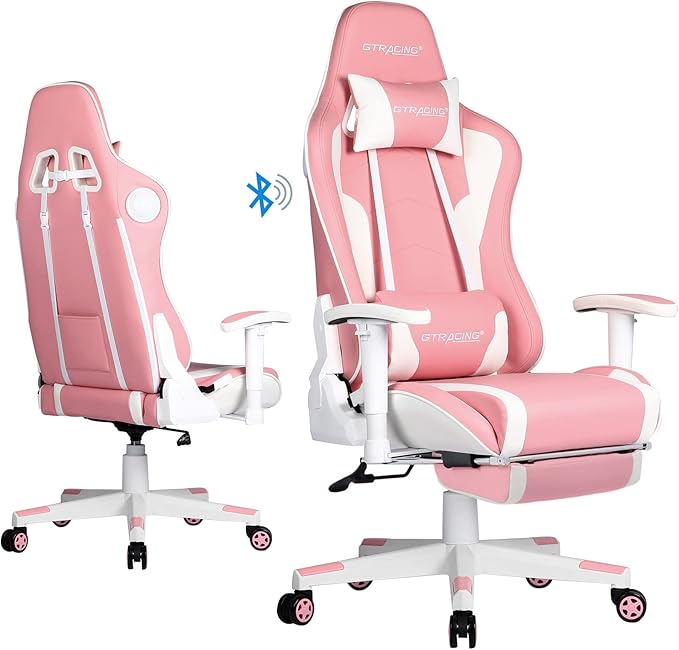 GTRACING Gaming Chair with Footrest Speakers Video Game Chair Bluetooth Music Heavy Duty Ergonomic Computer Office Desk Chair (Pink)