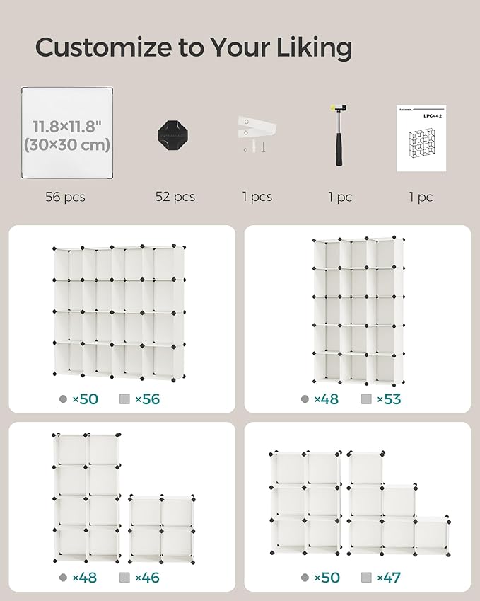 SONGMICS Cube Storage Organizer, Set of 16 Plastic Cubes, Closet Organizers and Storage, Room Organization, Bedroom Living Room, 12.2 x 48.4 x 48.4 Inches, Cream White ULPC442M01