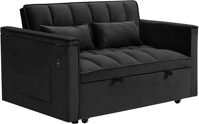 Ball & Cast 55" 3 in 1 Sleeper Sofa Bed Velvet Upholstered Pull Out Couch with Adjustable Back & 2 Pillows,Convertible Futon Sofa Bed W/Hidden Side Table,Side Pocket & USB Port,for Living Room,Black