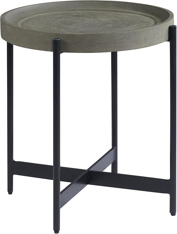 Alaterre Furniture Brookline 20-Inch Round Wood End Table with Concrete Coating and Powder-Coated Iron Legs – Tray Style Top Home Accent for Living Room, Bedroom or Office (Gray)