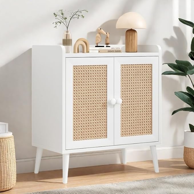 Buffet Cabinet, Rattan Storage Cabinet with Round Pull Rings, Sideboard with Ample Storage, Bar Liquor Shelf with 2 Doors for Living Room, Hallway, White