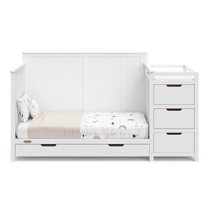 Graco Hadley All-in-One Convertible Crib & Changer (White) – GREENGUARD Gold Certified, Fits Standard Crib Mattress, Converts to Toddler Bed and Full Bed, 4 Adjustable Mattress Heights