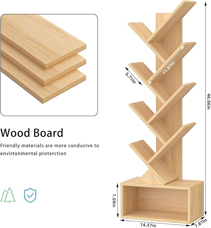 9 Tier Tree Bookshelf,Christmas Green Bookcase for Narrow Space, Storage Organizer Floor Standing Bookshelves for Books, Tall Book Case for Home Office, Living Room, Bedroom