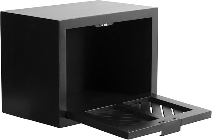 Kate and Laurel Mezzeta Modern Floating Shelf Side Table with Storage Cubby; 16 x 10 x 12; Black; Decorative Slatted Wood Floating Nightstand with Pull Down Door for Use as Bathroom Storage