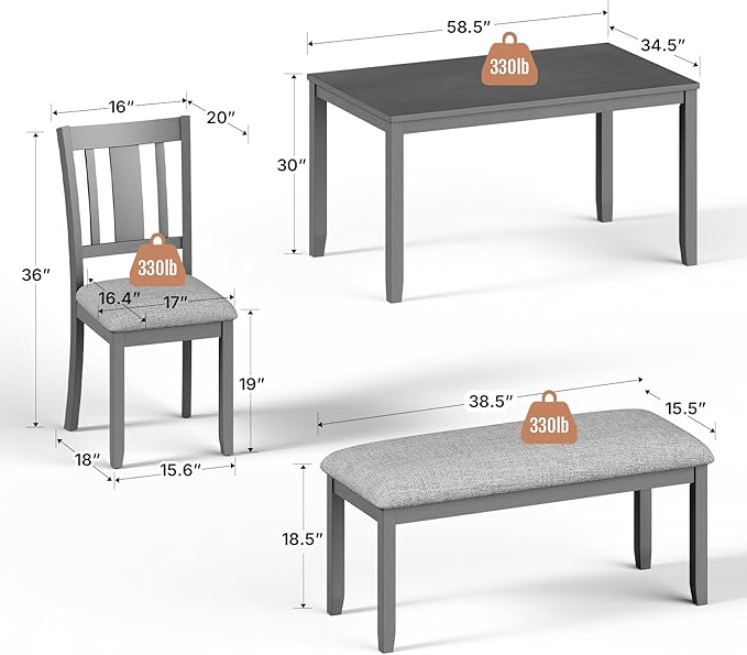 6-Piece Wooden Dining Table Set, Dining Table Set for 6, Including 1 Dining Table, 4 Upholstered Chairs and 1 Bench, Wooden Legs Dining Table, Table Set for Dining Room & Kitchen, Grey