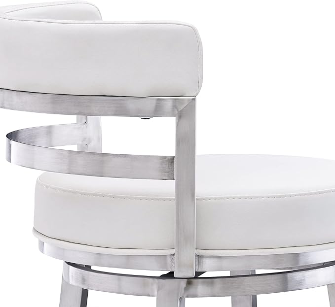 Armen Living Titana 26" Counter Height Swivel White Faux Leather and Brushed Stainless Steel Bar Stool