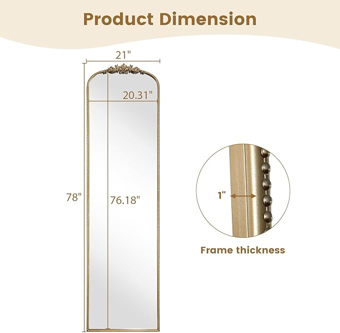 WallBeyond Arched Full Length Mirror Wall Mounted, 21x78 Inch Gold Antique Mirror, Vintage Metal Frame Full Body Mirro for Bedroom, Living Room, Hanging or Leaning