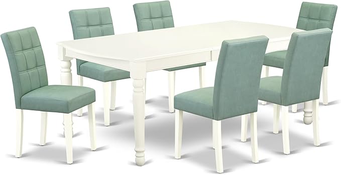 East West Furniture DOAS7-LWH-43 7 Piece Kitchen Dining Table Set Contain A Mid Century Dining Table and 6 Willow Green Polyester Fabric Dining Room Chairs, Linen White