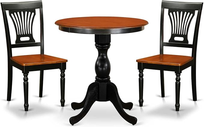 East West Furniture ESVA3-BCH-W 3 Piece Dining Table Set for Small Spaces Contains a Round Dining Room Table with Pedestal and 2 Wood Seat Chairs, 30x30 Inch, Black & Cherry