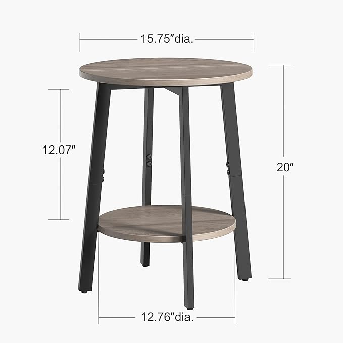 Side Table, Small Round End Table with Storage Shelf for Small Space, 2-Tier Bedside Table Sofa Couch Table, Round Accent Table Nighstands for Living Room, Bedroom, Grey