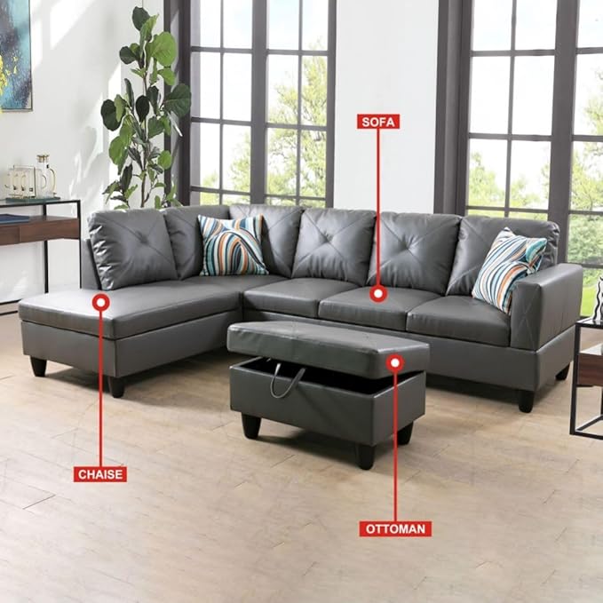 Dark Grey L-Shaped 3-Piece Faux Leather Sofa with Storage Ottoman Set, Sectional Couch Sofa Set for Living Room, Office, Small Space