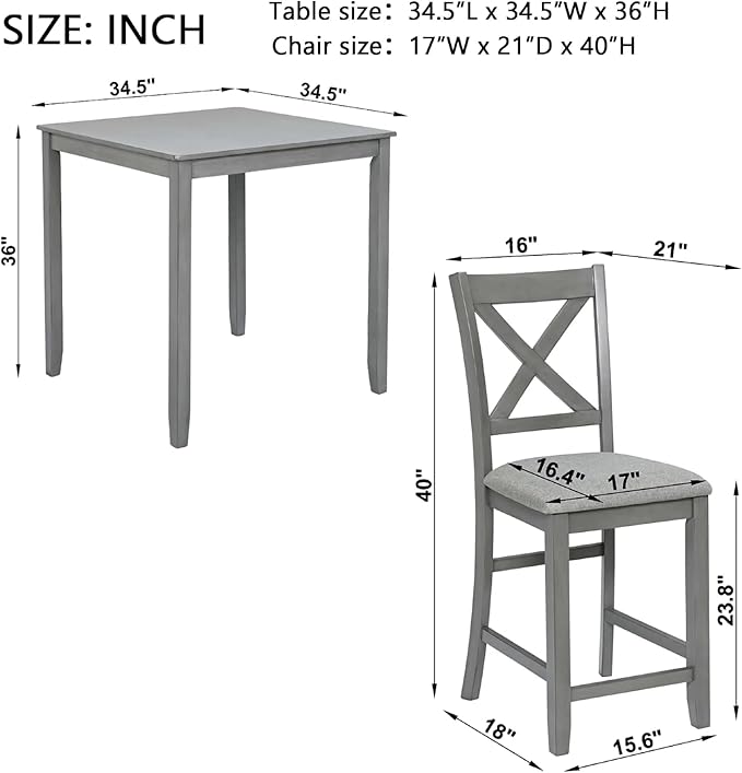 Dining Table Set for 4, Modern 5 Piece Dining Room Table Set with Square Table & 4 X-Shaped Backrest Upholstered Chairs, Counter Height Kitchen Chairs Set for Small Space, Gray