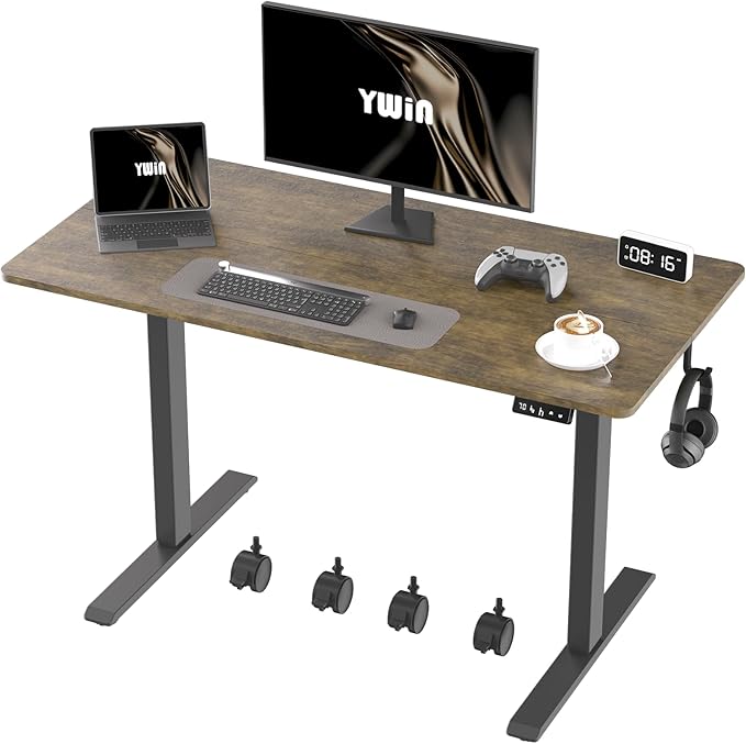 Ywin Electric Height Adjustable Standing Desk, 63 x 24 inches Sit Stand Desk with Wheels, Ergonomic Stand Up Desk for Home Office
