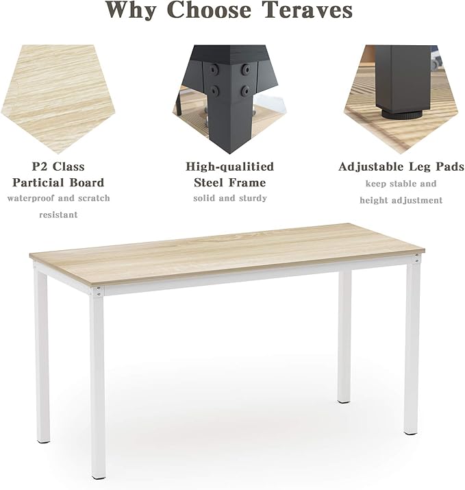 Teraves Computer Desk/Dining Table Office Desk Sturdy Writing Workstation for Home Office (47.24”, Beige + White Frame)