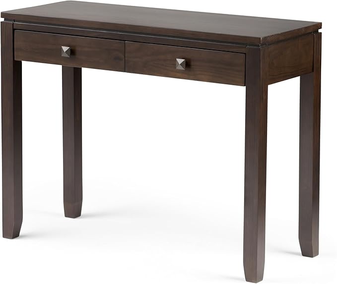 SIMPLIHOME Cosmopolitan Console Table - 38 Inch Wide Solid Wood Sofa Table in Mahogany Brown, Contemporary Compact Storage Table for Entryway or Living Room with 2 Drawers and Tapered Legs