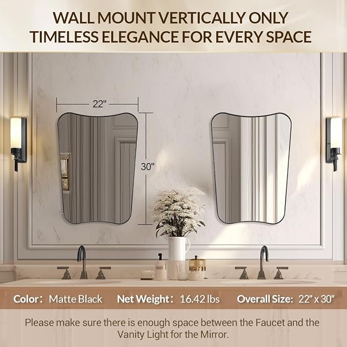 Black Bathroom Mirror, Black Vanity Mirror, 22x30 Irregular Shaped Mirror for Wall, Anti-Rust Metal Framed Wavy Mirror