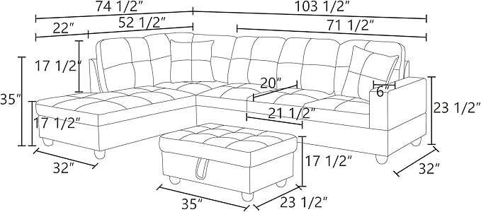 L Shaped Sectional Sofa with Ottoman, Color Blocking Flannel Leather Right Facing Modern Couches for Living Room, Bedroom, Office, Taupe