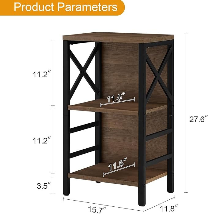 Small Bookshelf,3 Tier Industrial Bookcase with Metal Frame and Backboard,Low Rustic Brown Book Shelf,Book case for Small Spaces,Living Room,Bedroom and Home Office