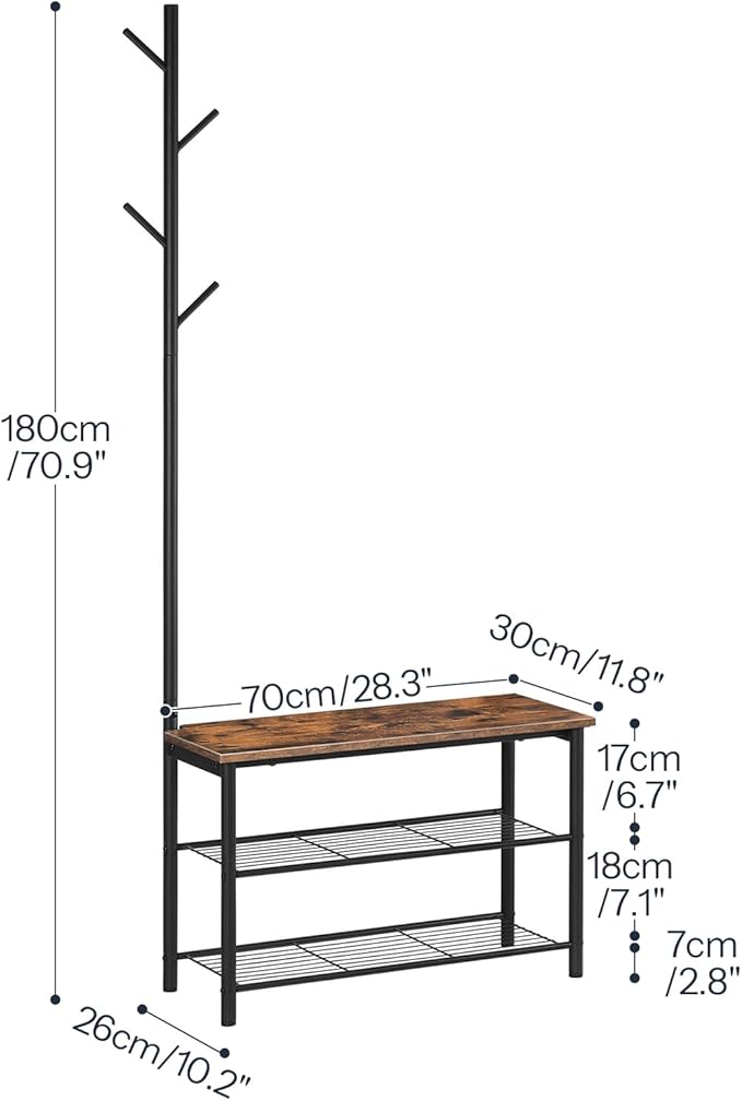 HOOBRO Coat Rack Shoe Bench, 3-Tier Shoe Rack, Industrial Shoe Organizer Storage Bench, Entry Bench with Mesh Shelves, for Entryway, Living Room, Hallway, Easy Assembly, Rustic Brown BF12HX01