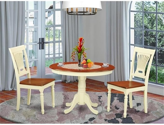East West Furniture HLPL3-BMK-W 3 Piece Dining Room Table Set Contains a Round Kitchen Table with Pedestal and 2 Dining Chairs, 42x42 Inch, Buttermilk & Cherry