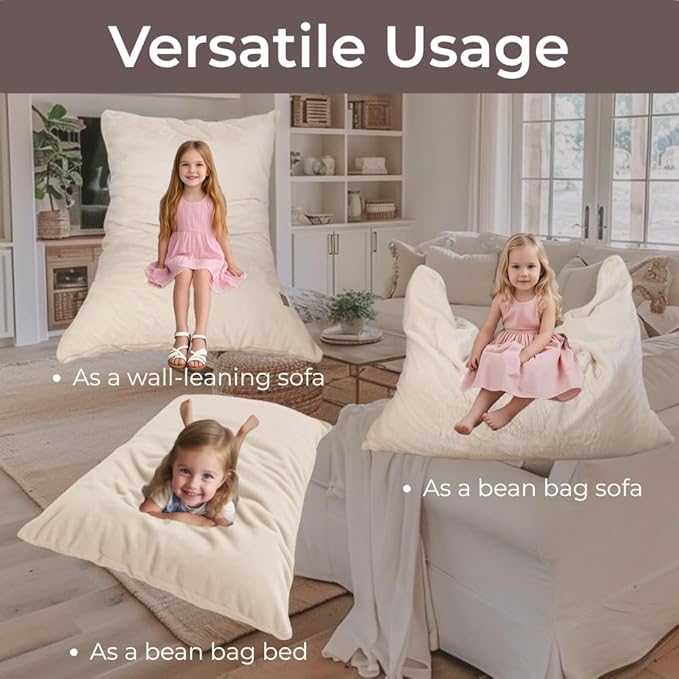 Wonder Space Bean Bag Chair – Soft Foam Filling | Removeable & Washable Cover | Ultra-Soft Plush Fabric - Minimalist Floor Cushion for Kids & Adults, Gaming, Reading and Relaxing, Beige