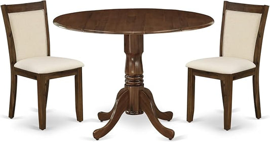 East West Furniture DLMZ3-AWA-32 3 Piece Kitchen Table Set for Small Spaces Consist of a Round Wooden Table with Dropleaf and 2 Upholstered Parson Chairs, 42x42 Inch, Antique Walnut